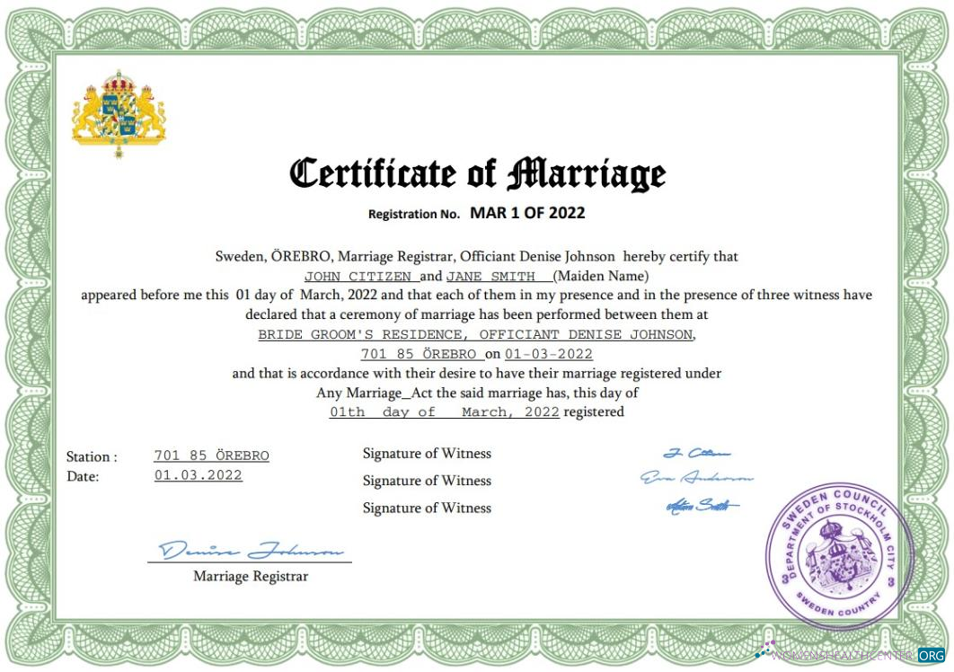 Download Sweden marriage certificate Word and PDF template Photoshop template